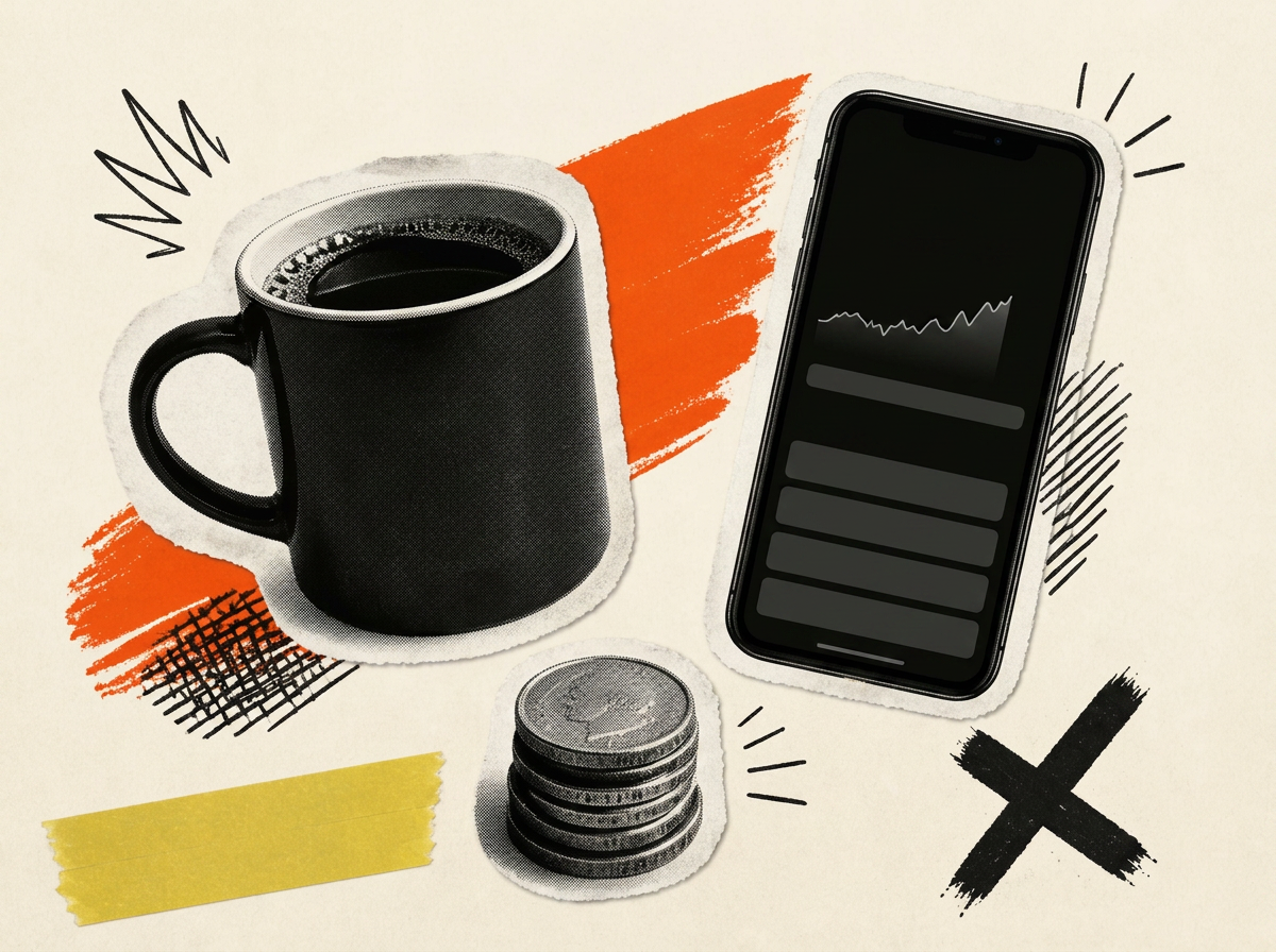 Collage editoriale: tazza di caffè, smartphone e monete con segni grafici