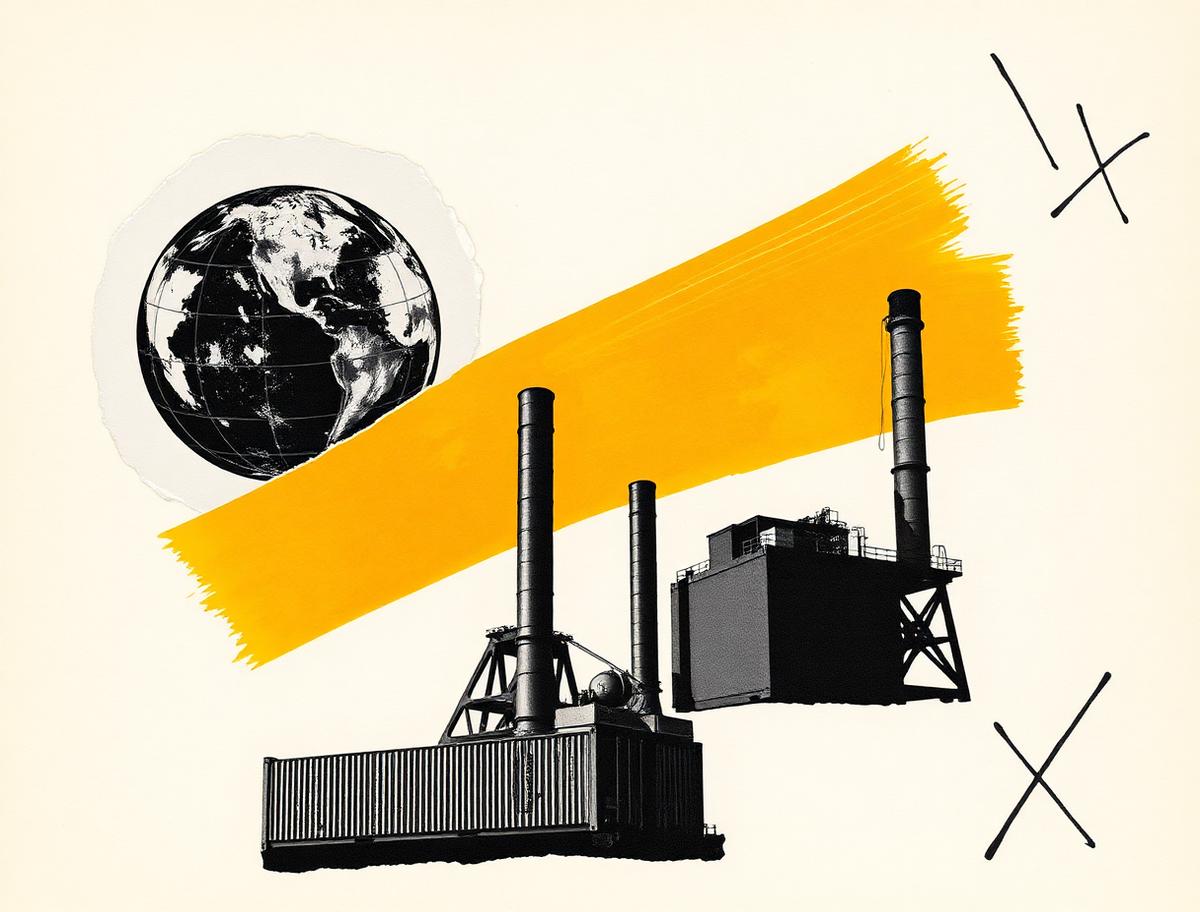 Collage editoriale: globo, container e ciminiere di una fabbrica